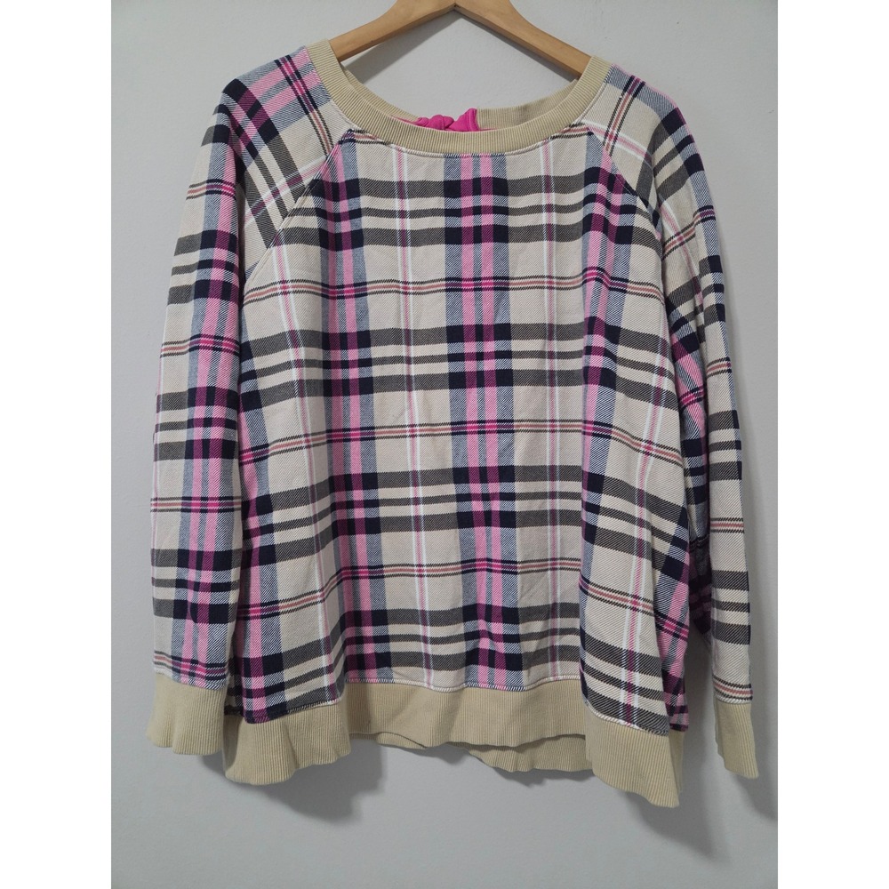 Crown & Ivy Womens Plaid Sweatshirt Tan Pink Navy Tie Back‎ Long Sleeve 2X
